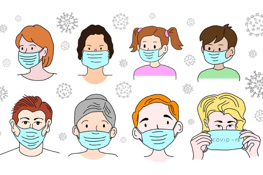 Eight cartoon faces wearing masks to protect from covid-19