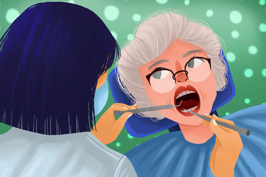 Cartoon of an elderly woman getting a professional hygiene cleaning.