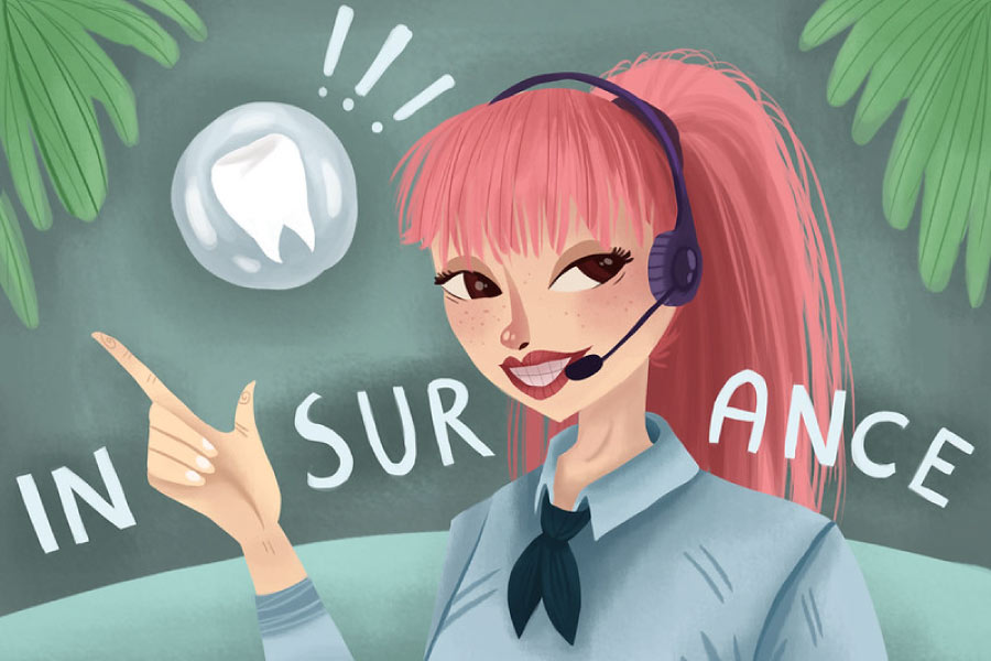 Cartoon of a girl wearing a headset and talking about dental insurance. 