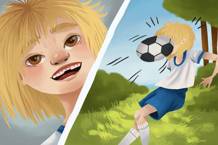 Cartoon of a child getting a soccer ball in the face and sporting a chipped tooth.