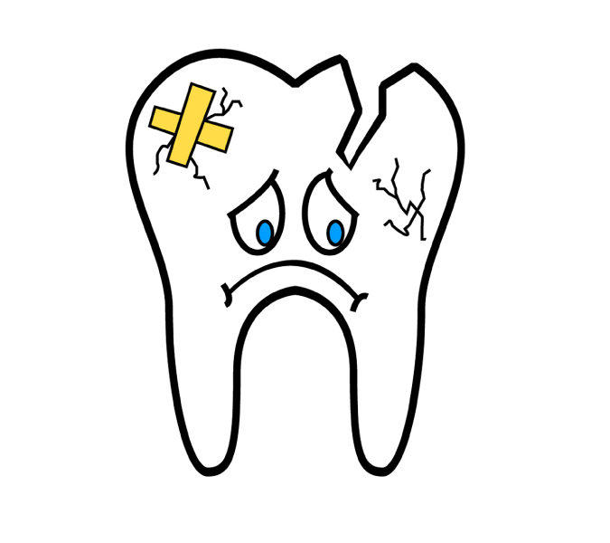 Graphic of an broken tooth with a frown and bandaid.