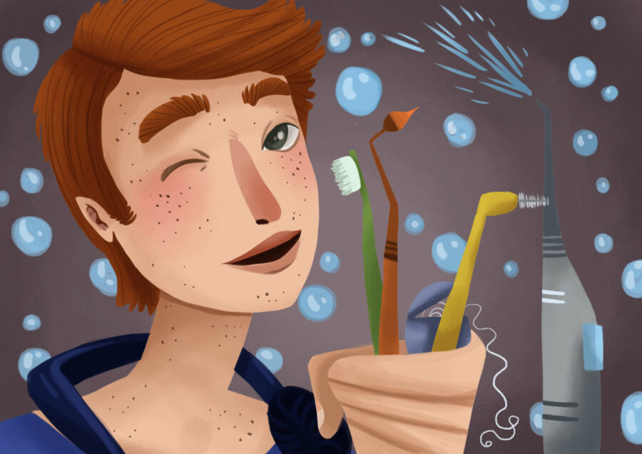 Graphic illustration of young man holding oral care tools, including interdental brush, water flosser, toothbrush, and string floss.